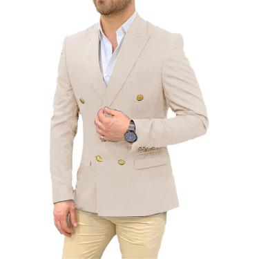 Imagem de Blazer de casamento azul marinho masculino, terno de cavalheiro, botões dourados, casual, slim fit, casaco de negócios duplo breasted, bege, l