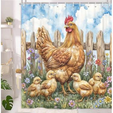 Imagem de YDIDIAN Cortina de chuveiro rústica para casa de banho, cortina de chuveiro de aquarela galinha galinha e pintinho fofo para banheiro, decoração de banheiro de tecido rústico, com ganchos, 70 x 70 pol