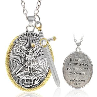 Imagem de Colar com pingente de São Miguel para homens, pingente de Arcanjo Miguel Viking, colares de medalha de São Miguel com proteção de espada, presente católico cristão para aniversário de Natal, 1.2" x 1