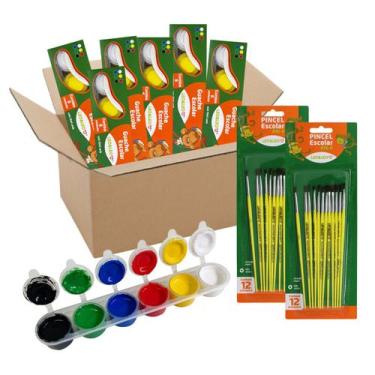 Imagem de Kit Pintura 12 Estojos Tinta Guache Escolar 6 Cores + Pincel - LEO E L