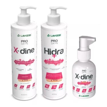 Imagem de Kit Pro Skin Lavizoo Shampoo X Dine 500ml + Creme Pós Banho Hidra 400g + X Dine Spray 100ml Clorexidina Antibacteriano Antifúngico Higiene e Tratamento de Dematites em Cães e Gatos