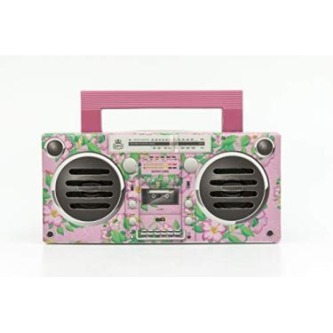 Imagem de GPO Mini alto-falante Bluetooth Bronx. Alto-falante portátil retrô compacto com bateria recarregável inclui porta USB, porta cartão TF e auxiliar - rosa floral