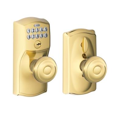 Imagem de SCHLAGE FE595 CAM 505 GEO Camelot Teclado Entrada com Flex-Lock e Botões Estilo Georgiano, Latão Brilhante