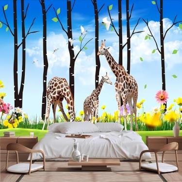 Imagem de Lcythiazole Mural de parede de girafa de tamanho personalizável, um grupo de girafas forrageando sob o céu azul e foto de nuvens brancas, para sala de estar e quarto infantil