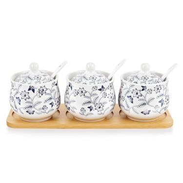 Imagem de fanquare Açucareiro de cerâmica floral azul e branco com tampa, colher e bandeja, conjunto de 3 recipientes de açúcar para café, caixa de temperos, saleiro para cozinha, 270 ml
