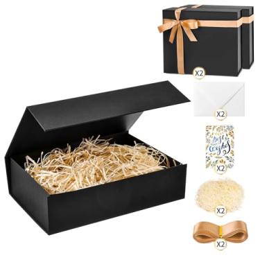 Imagem de souloduce Caixa de presente preta grande com fecho magnético, medindo 30 x 21 x 8,5 cm para presentes de aniversário - caixa inclui cartão, envelope, fita e enchimento de papel desfiado (2 peças)
