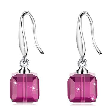 Imagem de Brincos de anzol de cristal cubo de 8 mm com cristais Swarovski em forma de anzol clássico presente feminino, presente de dia das mães banhado a platina 14K, inch, Cobre, Cristal