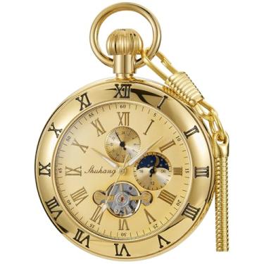 Imagem de Alwesam Relógio de bolso masculino mecânico de cobre London Relógio de bolso masculino com algarismos romanos turbilhão fase da lua relógio de bolso com corrente e caixa, PJX013, todos os dias