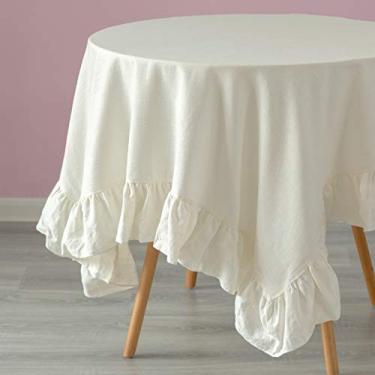Imagem de Deerlux Toalha de mesa lavável 100% linho puro com acabamento de babados, retângulo branco 132 x 178 cm