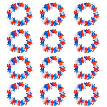 Imagem de hhdatc Conjunto de decoração de colares Leis de flores vermelhas, brancas e azuis, 12 peças, 4 de julho, Leis patriótico, decorado com um motivo de bandeira americana para as festividades do quarto de