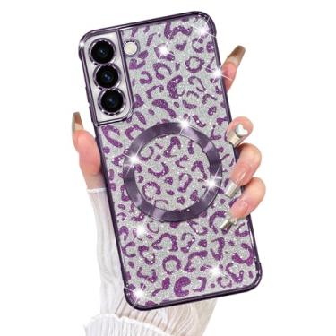 Imagem de Fiyart Capa projetada para Samsung Galaxy S21, compatível com MagSafe Cheetah Print Plating Proteção de câmera transparente com glitter magnético leopardo para mulheres e meninas amortecedor de