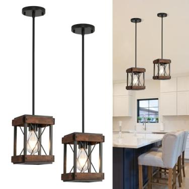 Imagem de SADALAK Luminária Pendente Estilo Fazenda, Pacote Com 2 Luminárias Suspensas Em Gaiola De Madeira E Metal, Iluminação Para Ilha De Cozinha Com Altura Ajustável, Luminárias Estilo Fazenda Para Monta