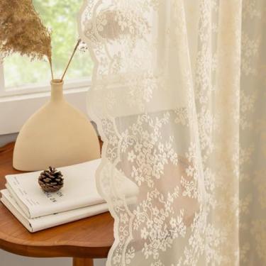 Imagem de Cortinas de renda bege 228,6 cm de comprimento, estilo antigo, cortinas florais transparentes para sala de estar, quarto, filtragem de luz, vintage, casa de fazenda, boho, anos 70, decoração de casa