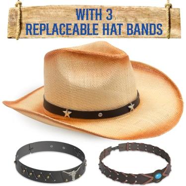 Imagem de Funcredible Chapéu de cowboy de palha feminino – Chapéu de vaqueira de palha – Chapéu de cowboy vintage com 3 faixas substituíveis, Vintage, tamanho �nico