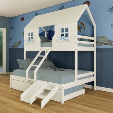 Imagem de Treliche Casal/ Solteiro Casinha Encantada com Kit Escada/ Escorregador Madeira Maciça Branco Megamobilia