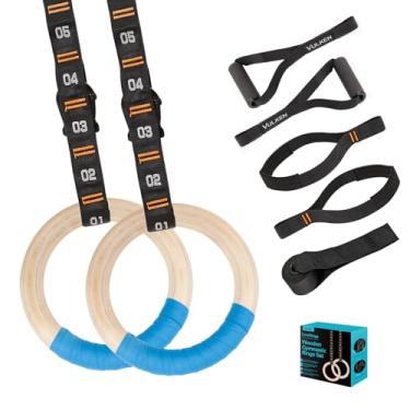 Imagem de Anéis de ginástica de madeira Vulken com tiras numeradas ajustáveis. Anéis olímpicos de 3,25 cm para treino básico, crossfit, treinamento de peso corporal. Anéis de academia em casa com alças de exercícios de 2,6 m e alças de treino. Azul