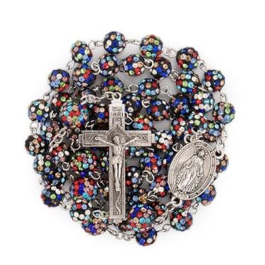 Imagem de Nazareth Store Rosário de contas de cristal, rosário católico com medalha milagrosa de prata, crucifixo INRI, rosários multicoloridos em uma caixa de presente, 22 ", Vidro, Sem Pedra Preciosa