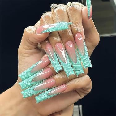 Imagem de RTKHFZE Unhas Postiças Longas Quadradas Com Bolinhas 3D E Design De Ponta Francesa, Cola Nude, Presente Para Feriado/Natal/Filha/Festa/Dia Dos Namorados