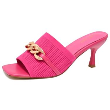 Imagem de SICARE Sandálias Femininas De Salto Gatinho, Bico Quadrado Aberto, Malha Elástica, Baixo, Elegante, Corrente, Confortável, Sem Cadarço, Casual, Preta, Nude, Rosa, Tamanho 8
