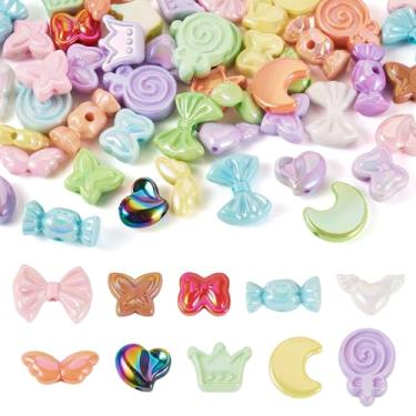 Imagem de Boutigem 50 peças de contas sortidas de acrílico iridescente colorido borboleta coração coroa pirulito doce laço lua contas bonito estético contas para artesanato DIY brinco cordão de contas caneta