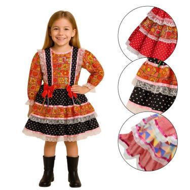 Imagem de Vestido Junino Infantil Miss Caipirinha Luxo Saia Babado Vestido Festa Junina Caipira Arraiá Quadrilha São João