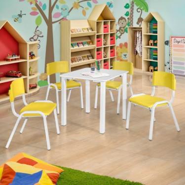 Imagem de Ecom Home - Conjunto Mesa Infantil 4 Cadeiras Amarela Creche Recreação Atividades Estudo Escolar