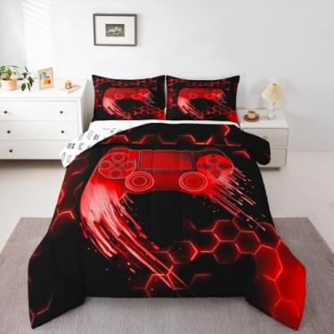 Imagem de jejeloiu Jogo de cama vermelho para jogos, tamanho casal, decoração de quarto de adolescentes, moderno, console de jogos, conjunto de edredom respirável, macio, leve, microfibra, joystick feminino e