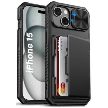 Imagem de Vihibii Capa para iPhone 15, iPhone 14 e iPhone 13 com suporte para cartão (4 cartões) [bloqueio RFID] e capa de câmera deslizante, proteção contra quedas de grau militar, traseira rígida robusta e