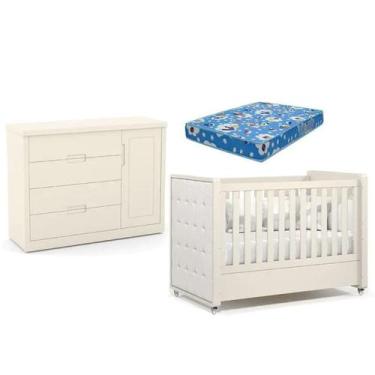 Imagem de Berço com Capitonê e Cômoda e Colchão Tutto New 100% MDF Cor Off White