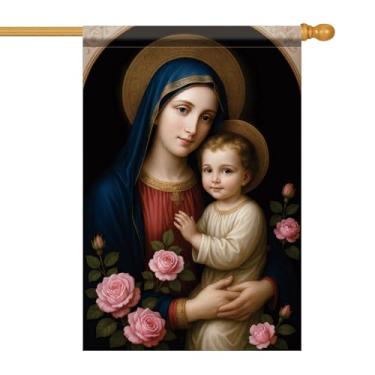 Imagem de Starlit Patio Bandeira de casa cristã 71 x 101 cm bandeira de jardim virgem maria e criança dupla face mãe bebê Jesus rosas bandeira religiosa quintal exterior varanda ração jardim casa igreja