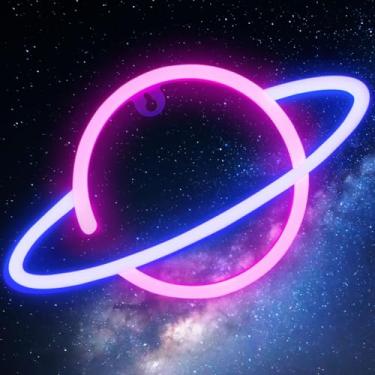 Imagem de Fontien Placa de neon planeta para decoração de parede, USB ou bateria operada por bateria rosa/azul planeta luz LED para quarto, sala de jogos, hora de festa, presentes de luz noturna para crianças