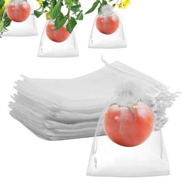 Imagem de 100 Sacos Proteção para Frutas, Rede de Malha com Cordão Barreira Reutilizável Contra Pragas para Tomates Mirtilos Pequenas Frutas e Vegetais Jardim (Branco)