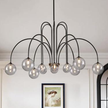 Imagem de CATINER Lustre preto moderno com 12 luzes Sputnik lustre grande L52" luminárias pendentes de teto de meados do século com sombras de globo de vidro fumê para teto alto sala de jantar, hall de entrada