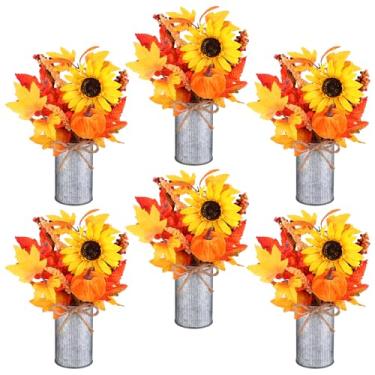 Imagem de HCEWSBFD Pacote com 6 plantas falsas de outono, arranjos florais de ação de graças, girassóis artificiais, folha de bordo, fruta, abóbora, abóbora, vasos de metal, flores falsas, colheita, mesa de