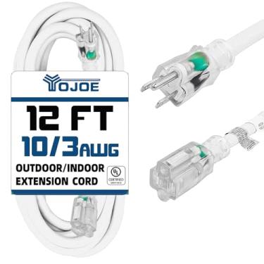 Imagem de YOJOE Cabo de extensão externo iluminado de 3 m, 10/3 - Cabo de extensão branco resistente SJTW calibre 10 com plugue aterrado de 3 pinos para segurança, listado na UL