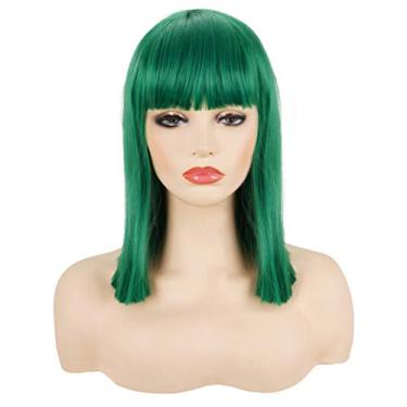 Imagem de (Green) - Morvally Short Straight Bob Wig Heat Resistant Hair with Blunt Bangs Natural Looking Cosplay Costume Daily Wigs (36cm , Green)