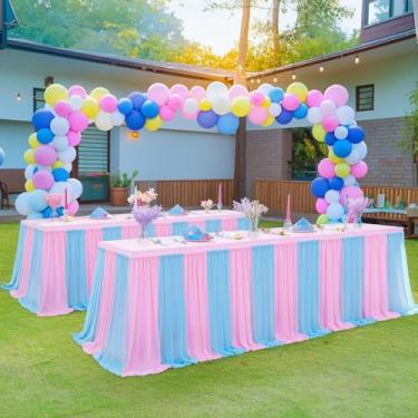 Imagem de Besutolife Toalha de mesa de tule azul rosa para mesas retangulares de 2,4 m, 3 lados para festa de casamento, aniversário, chá de panela, branco, tutu com babados, toalha de mesa para banquete