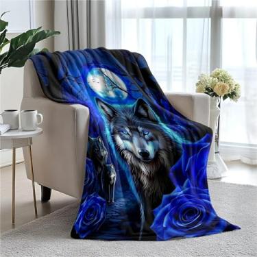 Imagem de Cobertor de lã de lobo floral azul 152 x 203 cm para sofá cama, cobertor de flanela de microfibra super macio e aconchegante leve para mulheres, homens e crianças