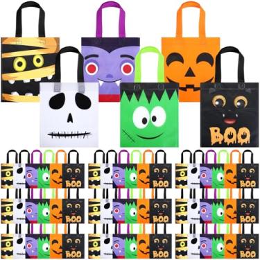 Imagem de Ribbonlic 96 peças de sacolas de lembrancinhas de festa de Halloween, sacolas de doces com alças, embalagem de presente reutilizável não tecida para suprimentos de festa de Halloween