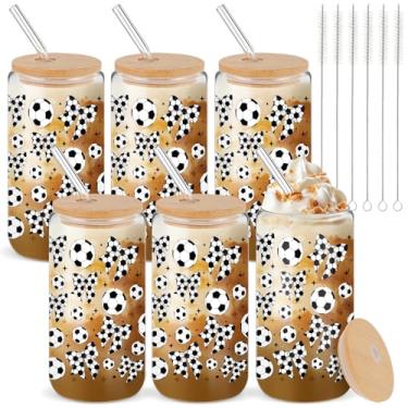 Imagem de Yetene Pacote com 6 copos de vidro de futebol de 473 ml com tampa e palha, frascos reutilizáveis de café gelado para aniversário, artigos de festa temáticos, presentes de aniversário para mulheres