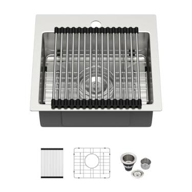 Imagem de Kichae Pia para trailers de 38 cm - 38 x 38 x 13 x 12 cm pia pequena de cozinha montagem superior de aço inoxidável 304 calibre 16 tigela única bacia feita à mão canto redondo