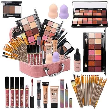 Imagem de MTDXILTAI Kit de maquiagem tudo em um – Paleta de sombras 5,5 x 35,5 cm, base líquida, lápis delineador, bastão de contorno, 20 pincéis de maquiagem (rosa)