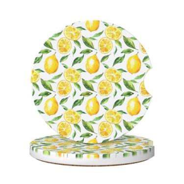 Imagem de Neukim Pacote com 2 porta-copos em aquarela limão para carro, porta-copos de 6 cm de folha verde antiderrapante absorvente de cerâmica com base de cortiça e entalhe de dedo, acessórios de carro