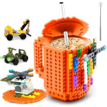 Imagem de Caneca de café de tijolo Fubarbar – Copo de novidade legal com tampa, canudo e blocos de construção, presente engraçado de Natal/aniversário para homens, mulheres, crianças (laranja)