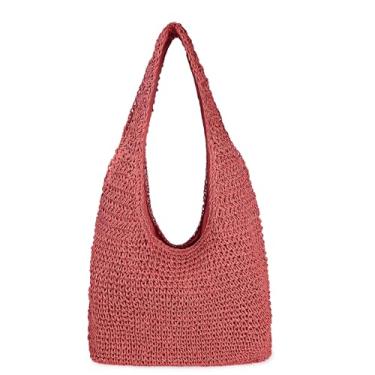 Imagem de Bolsa feminina grande de palha para praia feita à mão, bolsa Hobo, bolsa de mão para o verão, Vermelho, One Size