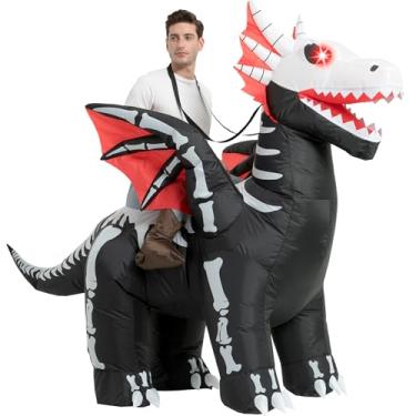 Imagem de One Casa Fantasia inflável para adultos, fantasia de dragão de esqueleto com olhos claros de LED, fantasia de passeio no dia das bruxas para homens e mulheres, Preto, 63INCH