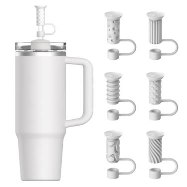 Imagem de YOTIME Tampa de cobertura de canudo de silicone, 6 peças reutilizáveis 0,39 pol/10 mm tampas de palha para copo Stanley 40 850 g, branco