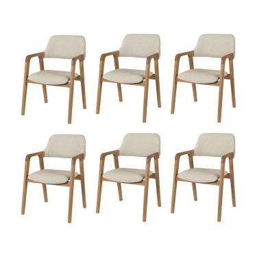 Imagem de Kit 6 Cadeiras De Jantar Ruth Estrutura Em Madeira Maciça Estilo Retrô Linho Bege Claro