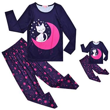 Imagem de QPANCY Pijama infantil combinando para meninas e bonecas, manga comprida, outono e inverno, Lua de gato, 6-7 Anos