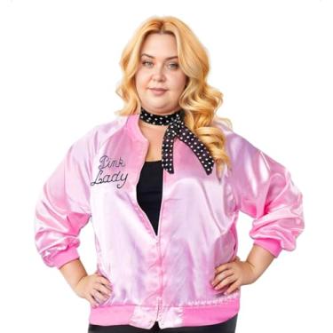 Imagem de Jaqueta feminina rosa da década de 1950 com cachecol de pescoço Grils tamanho grande fantasia de Danny vestido extravagante, Rosa plus size, GG